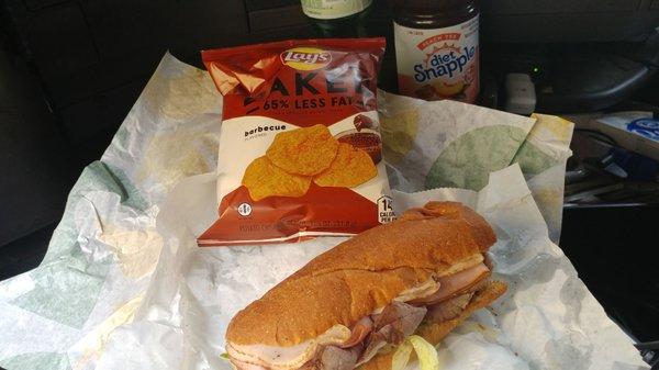 6 inch sub Club wheat bread diet Snapple 32oz  quench The thirst peach flavor. baked Lay's BBQ flavored chips