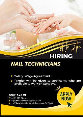 Galaxy Nails at 2051 Gattis School Rd Ste 510, Round Rock, TX 78664, is looking to recruit full-time/part-time nail technicians.