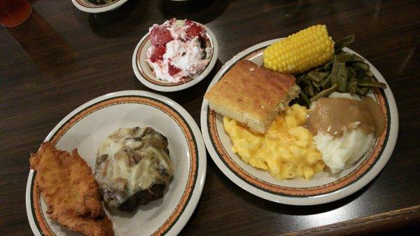 Grouper Fish, Hamburger Steak, Corn on the Cob, Green Beans, Mashed Potatoes, Mac and Cheese  Corn Bread