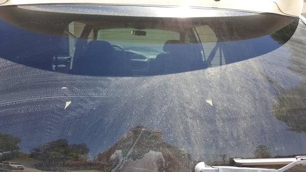 Picture of the still dirty rear window as an example of their horrible car wash!