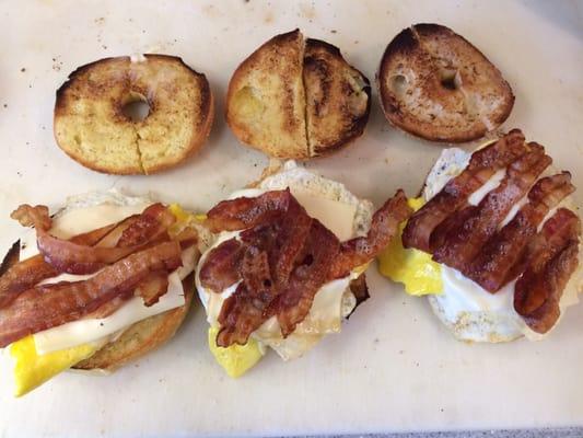 Fresh crisp Bacon egg and cheese on egg bagels...