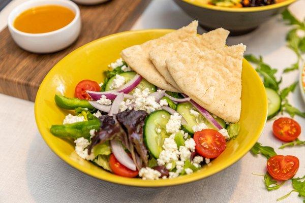 Greek Salad with pita bread and the best house made Greek dressing!