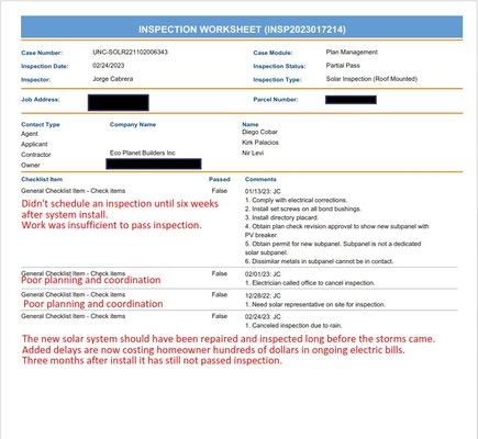 The inspection sheet from the county and our notes in red.