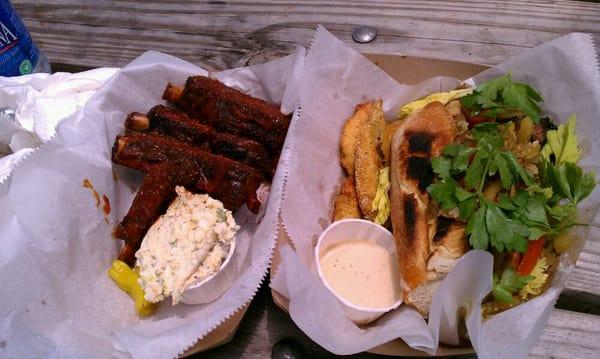 Spicy ribs w potato salad (L) Brisket sammich w fried pickled okra (R)