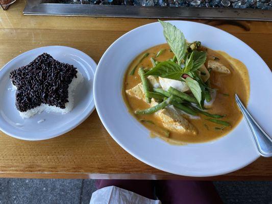 Panang curry with fresh tofu. Side of rice in the shape of star :)