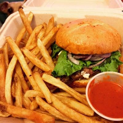 Habanero burger with 3x fried fries. *King taco salsa roja and creeper dog not included.*