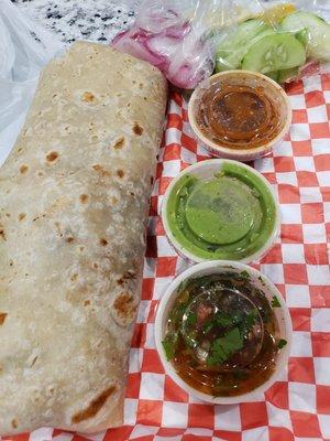 carne asada burrito with three sauces