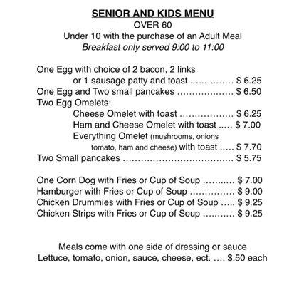 Kids/senior menu