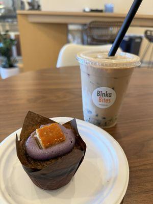 Vietnamese coffee with coffee jelly and Ube flan bibinka