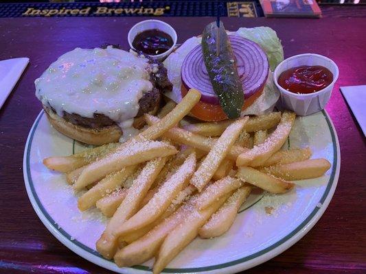 Blue Burger & garlic parmesan fries