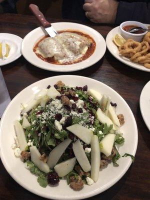 pear salad, cranberries, candied walnuts, goat cheese over arugula and red cabbage, honey balsamic dress...the best and so big