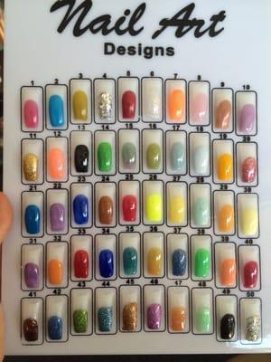 Acrylic color options. They also have a lot of glitter polish choices.