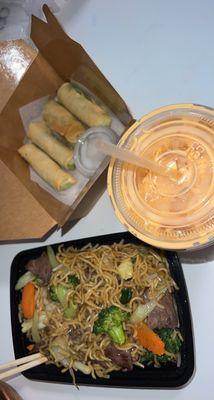 Chow Mein with beef  Thai Iced Tea  Mango sticky rice Roll