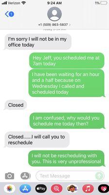 Text interaction with the glass body shop after an hour and a half of waiting.