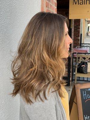 Textured layers and blonde highlights and balayage by Erin