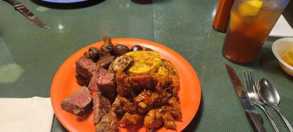 Steak, squash, zucchini, sauteed mushrooms and BBQ chicken