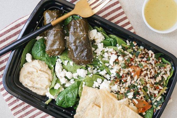 Mediterranean Platter w/ hummus, stuffed grape leaves, feta cheese, ancient grain tabbouleh, pita chips, mixed greens, and lemon vinaigrette