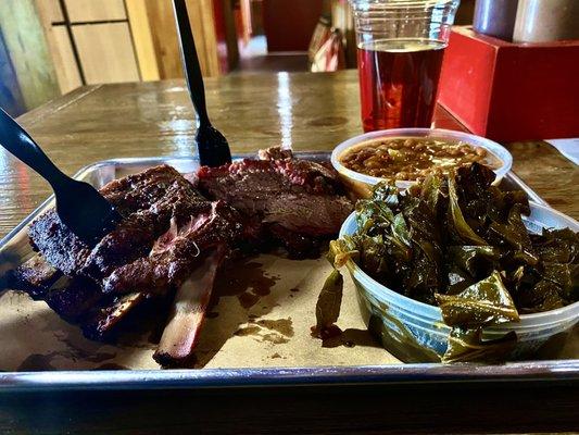 Brisket, Ribs, baked beans, collard greens.