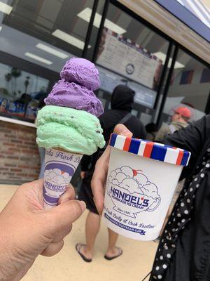 Taro & Mint Chocolate Chip Ice Cream in Medium size cone along w a Pint 5.11.22