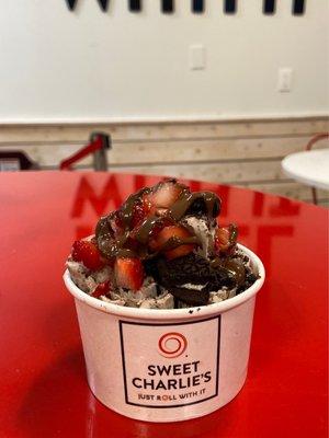 Small, Oreos, strawberries, Nutella in the ice cream and topped with all 3 as well