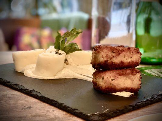 Cheese Roll In Minty Sauce With Fried Polenta