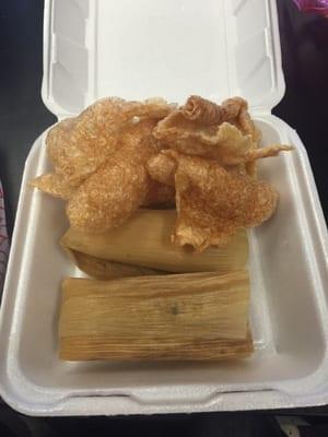 Pork tamales with their home made pork rinds!!!