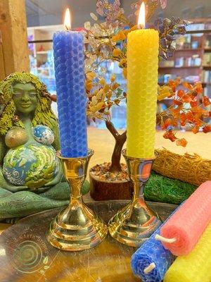 Our handrolled beeswax Ostara candles.