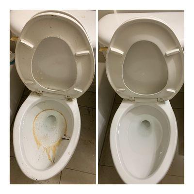 Before and after badly stained toilet bowl.