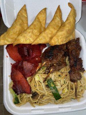 Letter M: Beef teriyaki with boneless spareribs and vegetable lo mein.   Appetizer: small crab rangoon