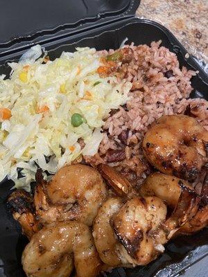 Jerk shrimp with rice and beans and steamed veggies