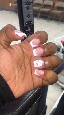 Acrylic overlay with 3d flower, French tip, glitter - $70