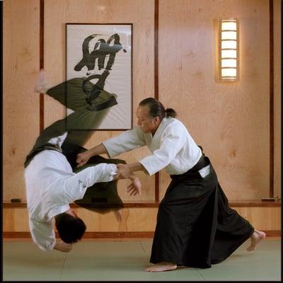 Sensei demonstrates a throw with a senior student