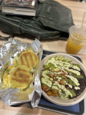 queso arepas. veggie bowl black beans sweet plantains avocado pico de gallo. passion fruit juice