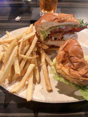 Southern chicken club sandwich & fries.