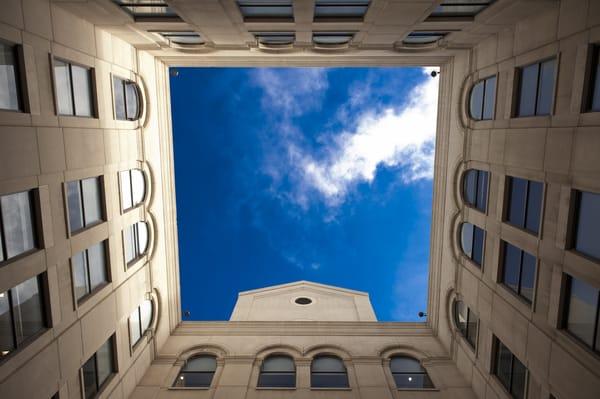 Looking up from the Hills Plaza courtyard