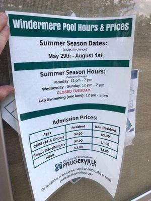 Pool hours and prices