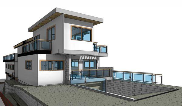 Client driven design - Front view. Sunken basement garage to fit 2 full size vehicles comfortably with lanai on both floors.