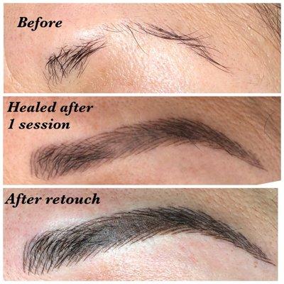 Microblading and shading for over plucked brows. Now she can wake up with full brows.