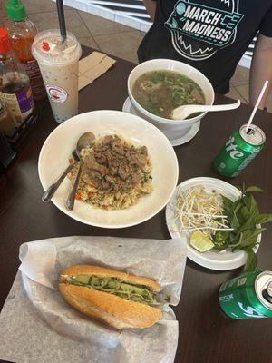 grilled pork sandwich, special pho, beef fried rice