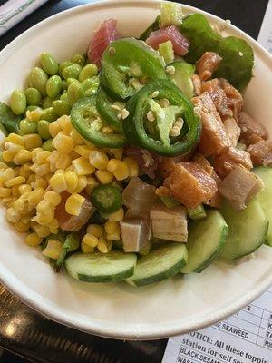 Large bowl. Seared albacore, Cajun salmon, and ahi tuna.