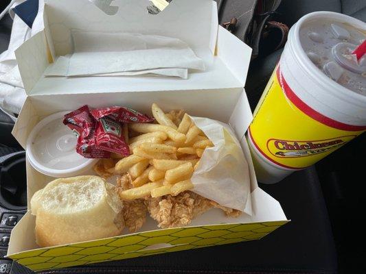 Tenders snack pack, fries, roll, and a Coke.