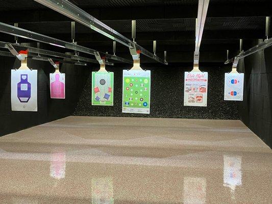 Full set of targets in the range and the walls are all lined with ballistic panels for safety and sound. The quietest range around!!!