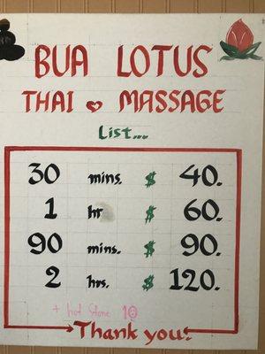 Massage Prce List