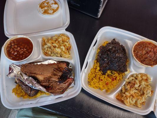 2 meat platter. Left: jamaican jerk chicken, and brisket, Mac n cheese and bbq beans Right: Jamaican jerk chicken pulled pork and mac