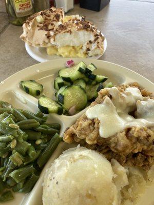 Chicken fried steak  Potatoes  Green beans  Cucumber salad  Coconut pie