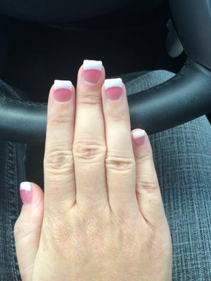 I asked for light pink and white acrylics.  I got dark pink and white and everything was rushed!