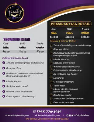 Menu For AUTO.
We offer two packages for you best convenience the most popular is the Presidential.