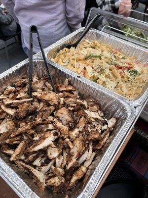 pan of jerk chicken and white wine pasta