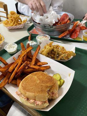 Lobster, lobster roll, onion rings, Sweet Potato Fries