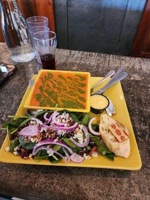 Tomato soup and spinach salad